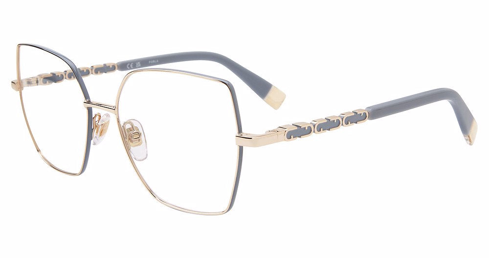 Shiny Rose Gold w/ Dark Grey:
Furla VFU835 Square Eyeglasses in Shiny Rose Gold w/ Dark Grey — women's full metal frame, spring hinges, prescription-ready
