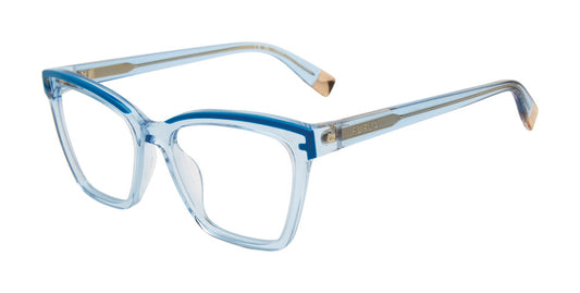Shiny Transparent Azure:
Furla VFU682 Square Eyeglasses in Shiny Transparent Azure — women's full plastic frame, single bridge, no hinges, prescription-ready
