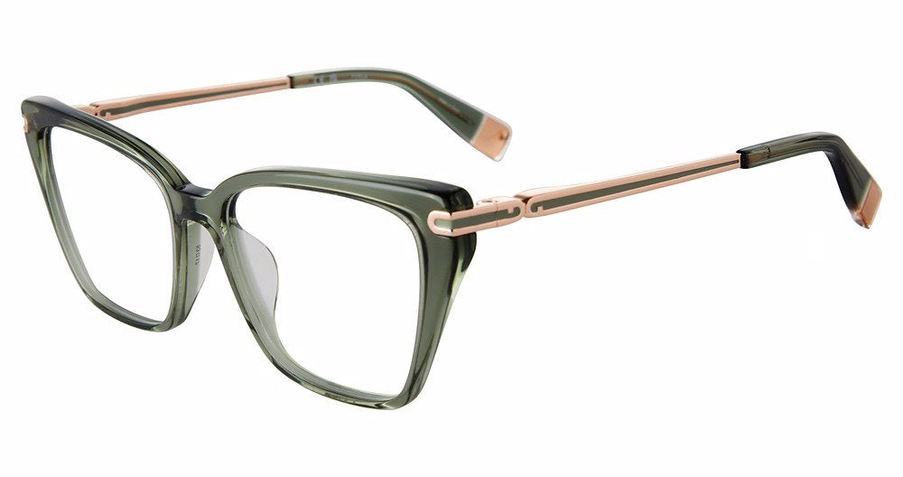 Shiny Transparent Green:
Furla VFU724 Square Eyeglasses in Shiny Transparent Green — women's full plastic frame, spring hinges, prescription-ready
