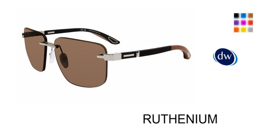 Chopard SCHL22V Square Sunglasses in Ruthenium — men's rimless frame with silver bridge, black temples and brown temple tips
