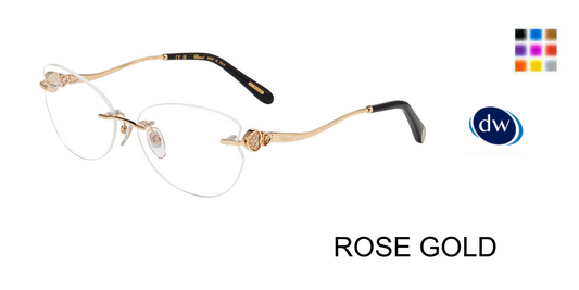 Rose Gold:
Chopard VCHL85S Oval Rimless Eyeglasses in Rose Gold — women's rimless metal frame with delicate gold-tone metalwork and crystal double-hearts hinge accents
