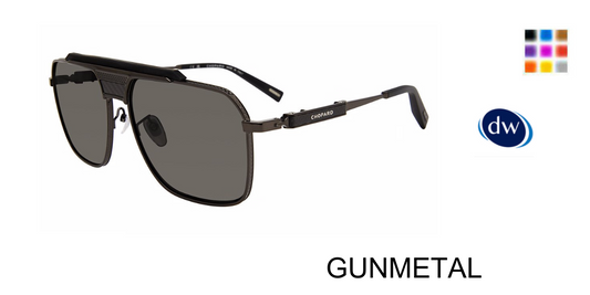 Chopard SCHL31 Geometric Sunglasses in Gunmetal — men's metal frame with black brow bar, textured gunmetal rims and black temples
