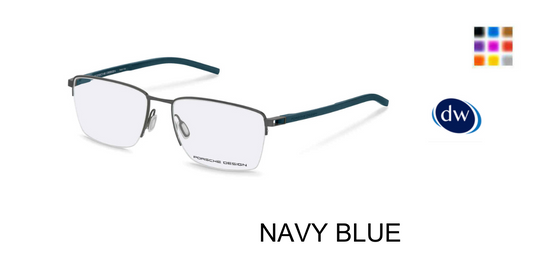 Navy Blue:
Porsche Design P8757 Square Eyeglasses in Navy Blue — men's full metal frame, spring hinge, prescription-ready
