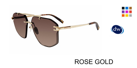Chopard SCHL23 Aviator Sunglasses in Rose Gold — men's rimless frame with black brow accents and gold floating top bar, side view
