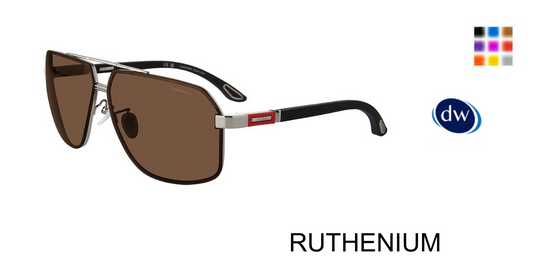 Chopard SCHG89 Square Sunglasses in Ruthenium — brushed silver temple with red enamel panel and Chopard logo plaque, side view
