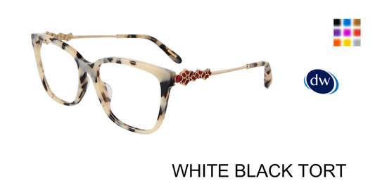 White Black Tort:
Chopard VCH361S Square Eyeglasses in White Black Tort — women's full acetate frame with slim gold temples and crystal floral hinges
