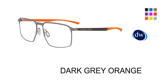 Dark Grey Orange:
Porsche Design P8772 Square Eyeglasses in Dark Grey Orange — men's full metal frame, no hinges, prescription-ready
