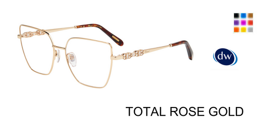 Total Rose Gold:
Chopard VCHL86S Butterfly Eyeglasses in Total Rose Gold — women's gold-tone metal frame with baguette and round crystal temple accents
