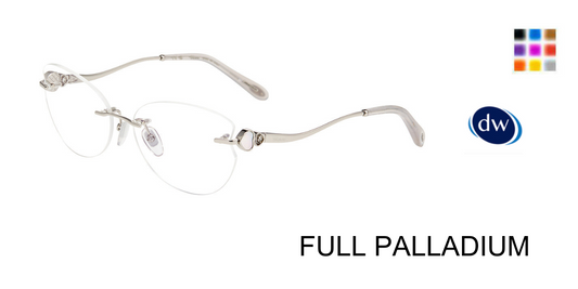 Full Palladium:
Chopard VCHL85V Oval Rimless Eyeglasses in Full Palladium — women's rimless silver-tone metal frame with crystal double-hearts hinge accents and white inlay
