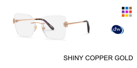 Shiny Copper Gold:
Chopard VCHL60S Soft Square Rimless Eyeglasses in Shiny Copper Gold — women's rimless metal frame with rose gold-tone bridge and floral crystal hinge accents
