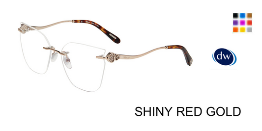 Shiny Red Gold:
Chopard VCHL84S Butterfly Rimless Eyeglasses in Shiny Red Gold — women's rimless metal frame with gold-tone metalwork and crystal double-hearts hinge accents
