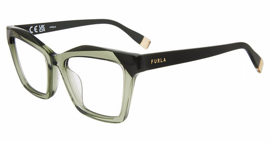 Transparent Green:
Furla VFU767V Geometric Eyeglasses in Transparent Green — women's full plastic frame, no hinges, prescription-ready
