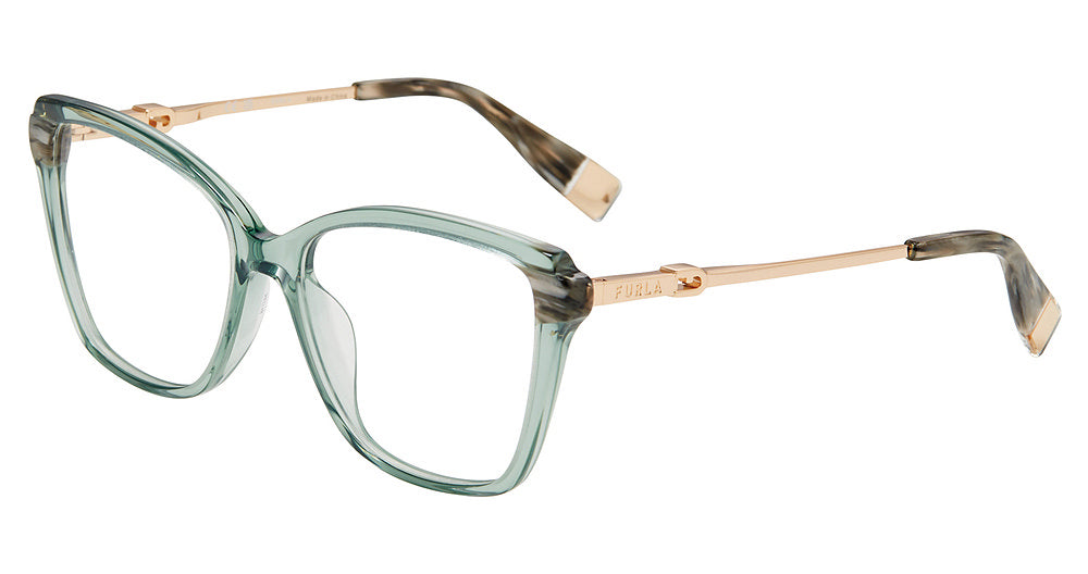 Transparent Green:
Furla VFU830 Square Eyeglasses in Transparent Green — women's full plastic frame, spring hinges, prescription-ready
