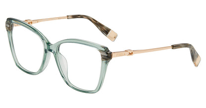 Transparent Green:
Furla VFU830 Square Eyeglasses in Transparent Green — women's full plastic frame, spring hinges, prescription-ready
