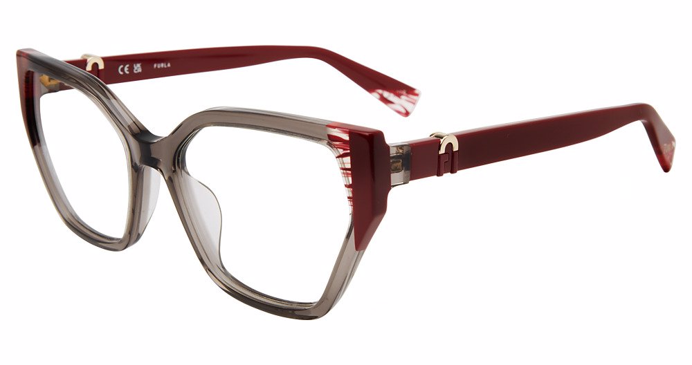 Transparent Grey:
Furla VFU761V Square Eyeglasses in Transparent Grey — women's full acetate frame, no hinges, prescription-ready
