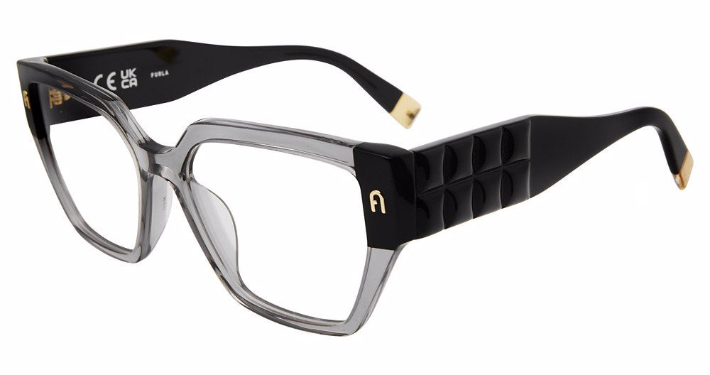 Transparent Grey:
Furla VFU775 Square Eyeglasses in Transparent Grey — women's full plastic frame, no hinges, prescription-ready
