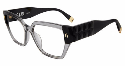 Transparent Grey:
Furla VFU775 Square Eyeglasses in Transparent Grey — women's full plastic frame, no hinges, prescription-ready
