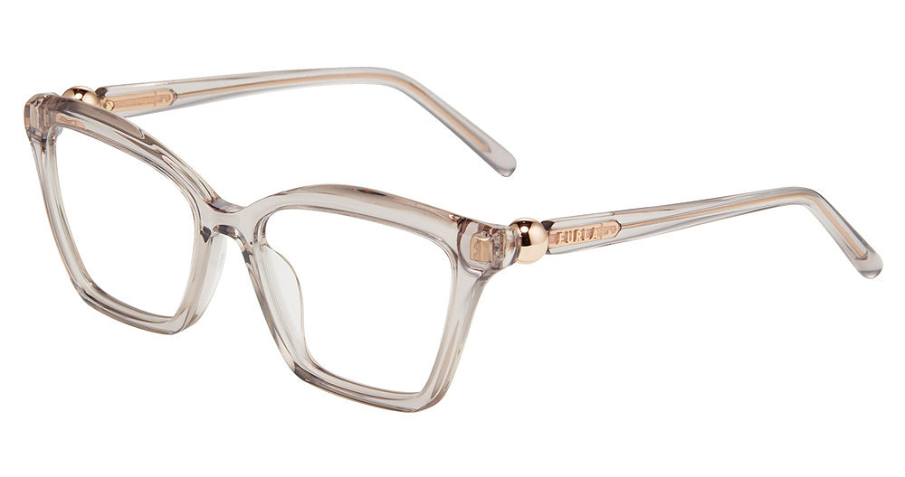 Transparent Grey:
Furla VFU876 Square Eyeglasses in Transparent Grey — women's full plastic frame, no hinges, prescription-ready

