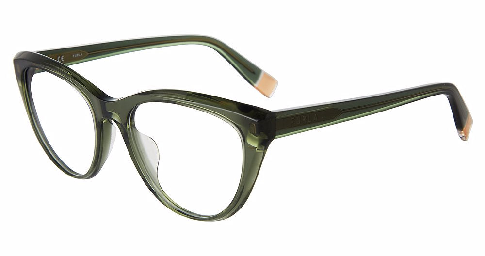 Transparent Green:
Furla VFU643V Butterfly Eyeglasses in Transparent Green — women's full plastic frame, no hinges, prescription-ready

