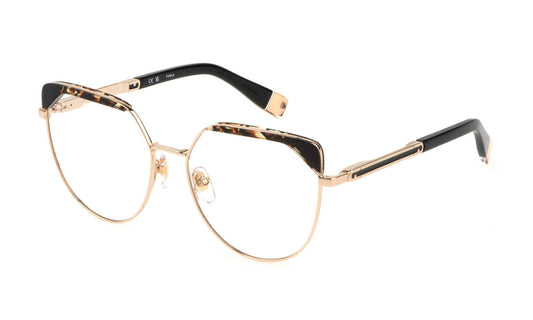 Total Rose Gold:
Furla VFU673V Butterfly Eyeglasses in Total Rose Gold — women's full metal frame, adjustable nose pads, prescription-ready
