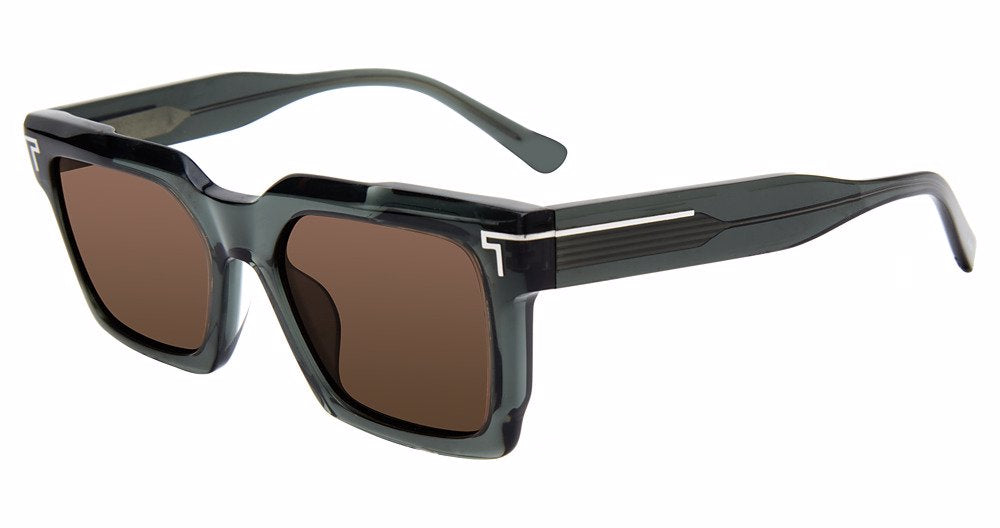 Transparent Sage:
TUMI STU511 Square Sunglasses in Transparent Sage — men's full-rim acetate frame with sculpted TUMI T logo temples

