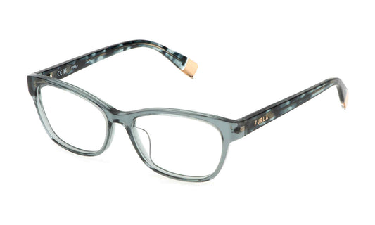 Water Green:
Furla VFU670 Square Eyeglasses in Water Green — women's full plastic frame, single bridge, no hinges, prescription-ready
